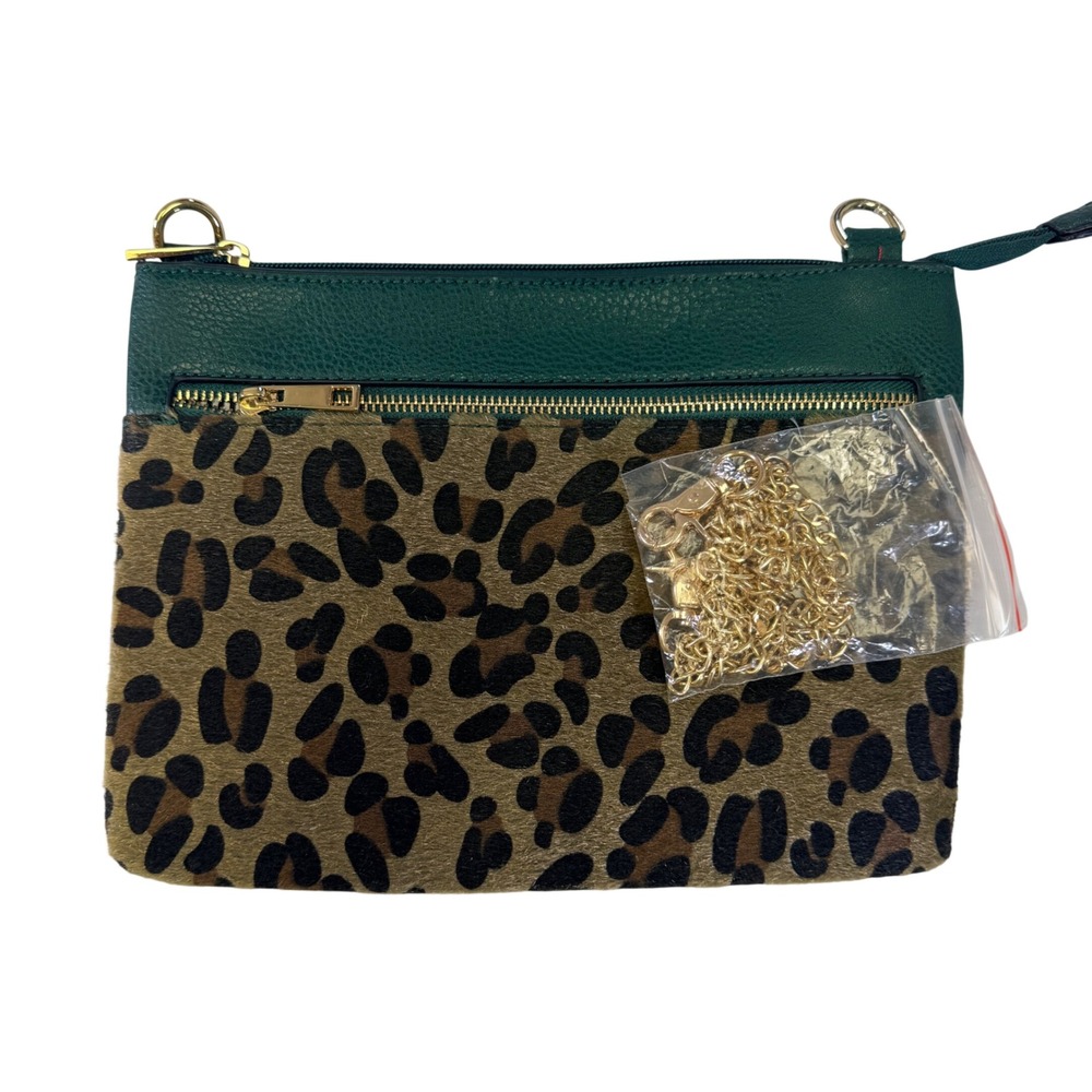 Leopard Print Calf Hair Green Faux Leather Crossbody Bag Gold Chain Clutch